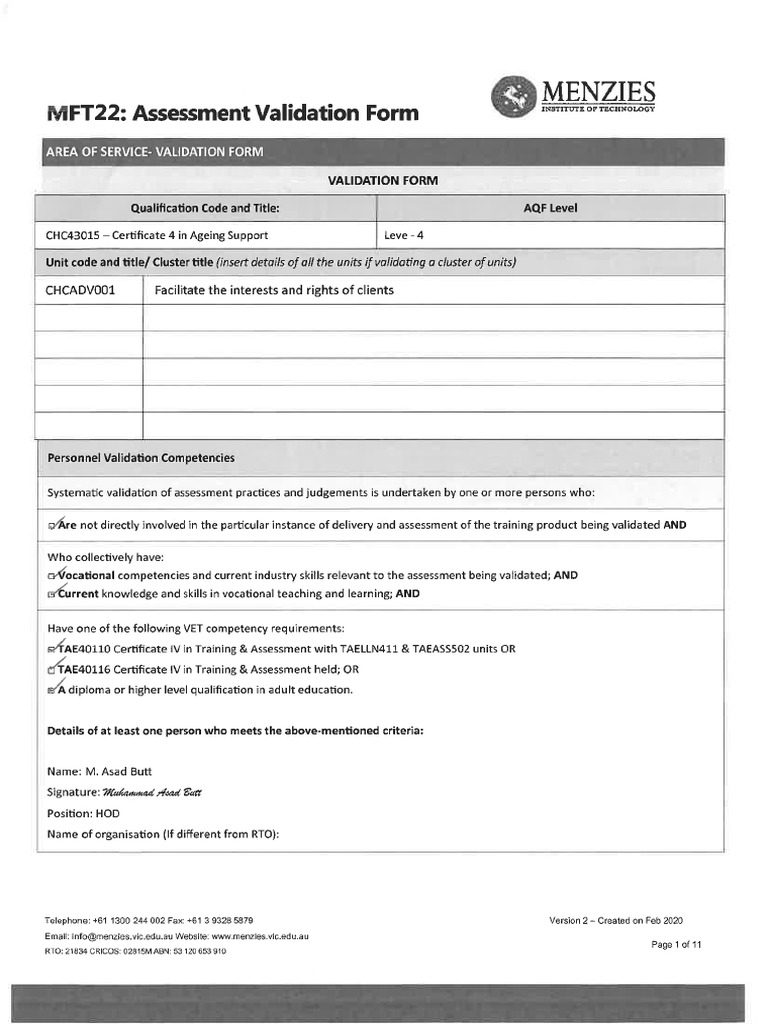 Chcadv001 Pre Validation Pdf