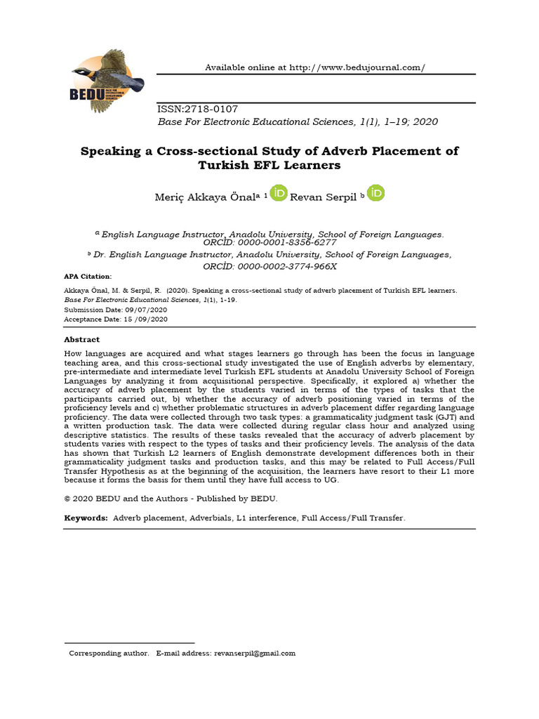 Adverb Placement in Turkish EFL Learners | PDF | Adverb | Verb