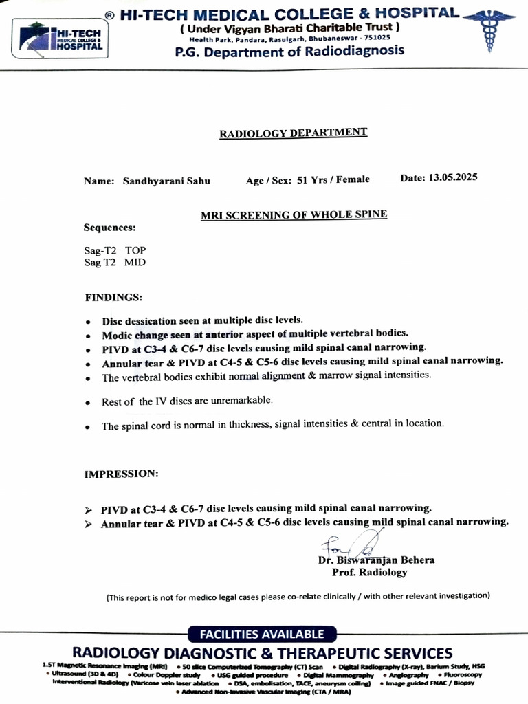 MRI Report: Spine Findings for Sandhyarani | PDF | Radiology | Medical ...