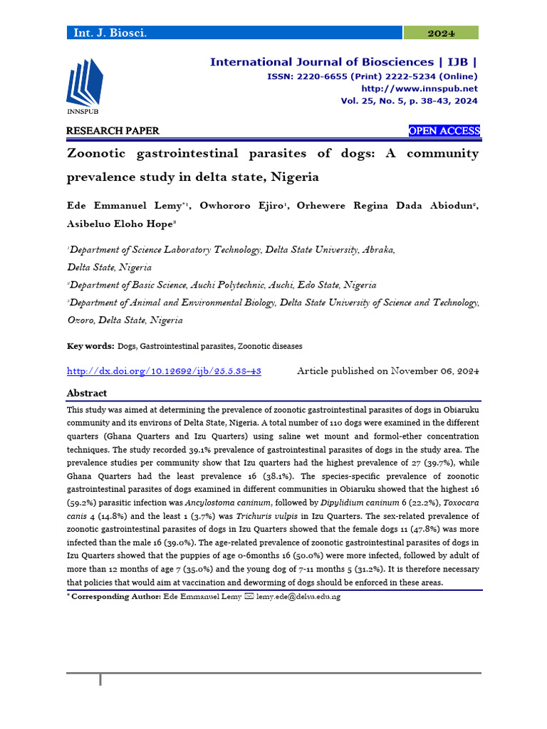 Zoonotic Gastrointestinal Parasites of Dogs: A Community Prevalence ...