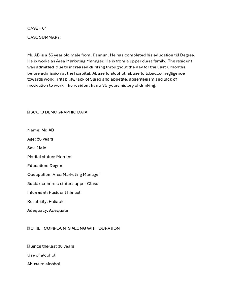 Alcohol Dependence Case Study Analysis | PDF | Mental Disorder ...