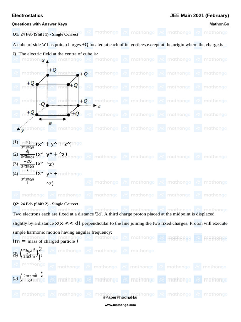 JEE Main 2021 Electrostatics Questions | PDF | Physics | Applied And ...