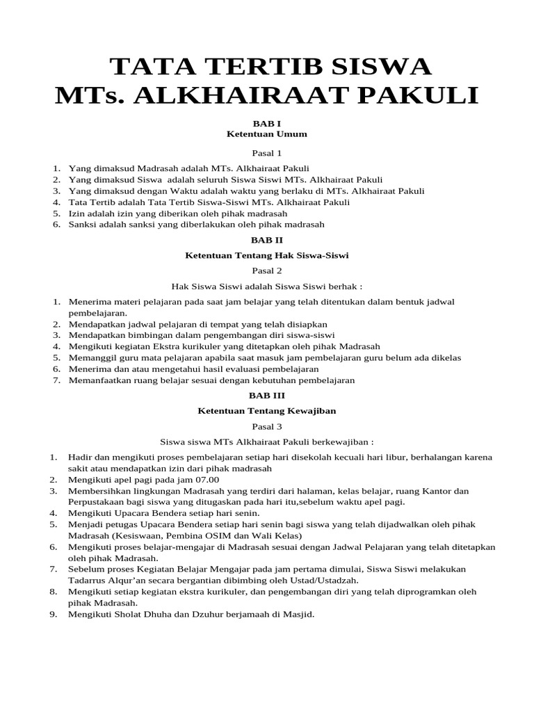 Tata Tertib Siswa MTs Alkhairaat Pakuli | PDF