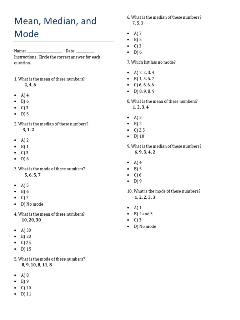 Mean, Median, Mode Practice Quiz | PDF
