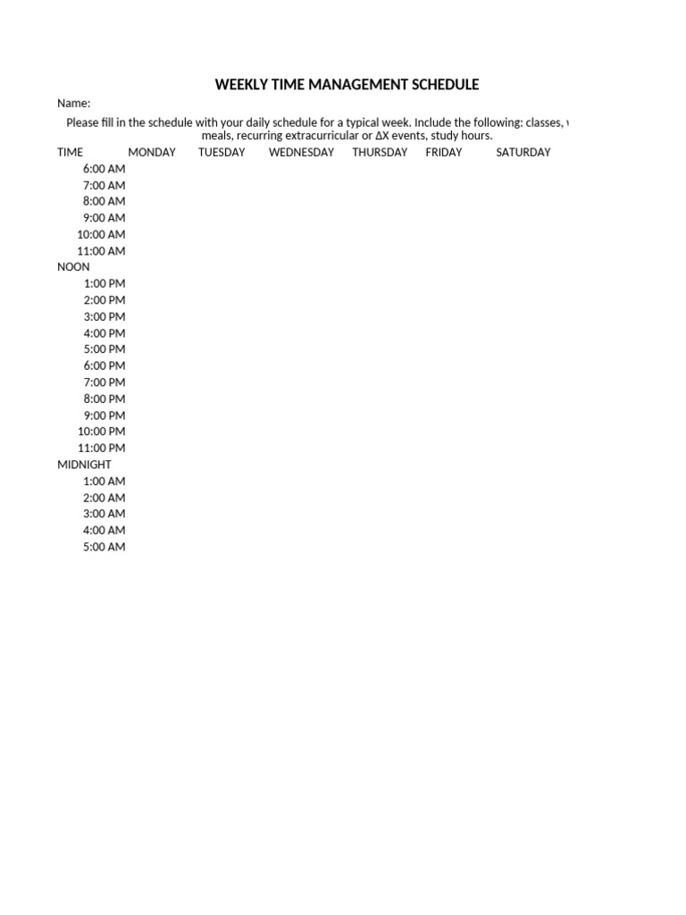 Weekly Time Managment Schedule Blank | PDF