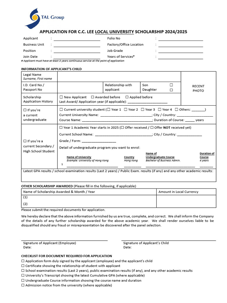 C.C. Lee University Scholarship Application 2024 | PDF | Undergraduate ...