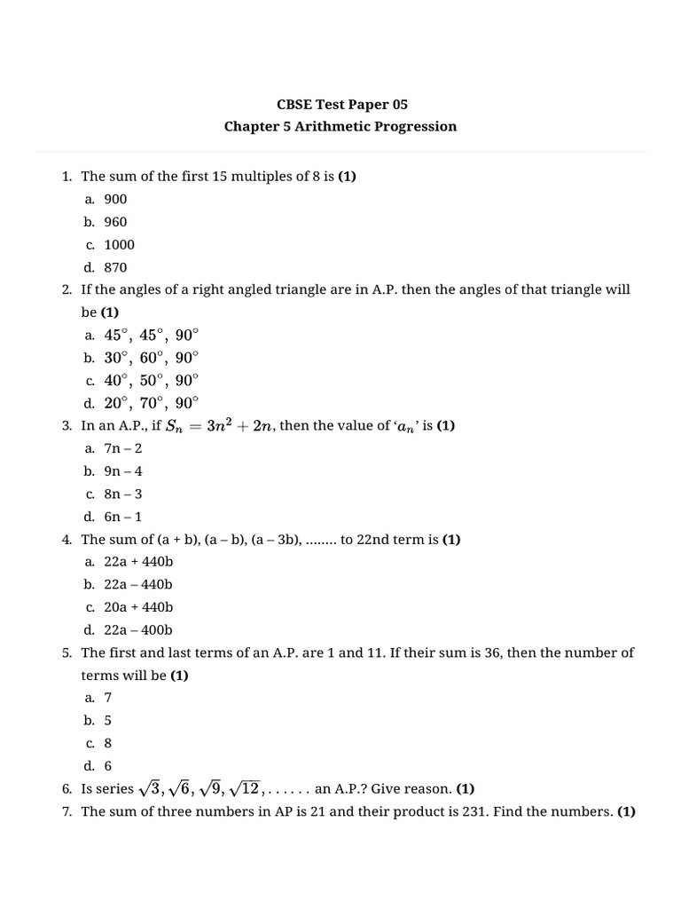 Chapter 05 Arithmetic Progression Test 05 | PDF | Arithmetic ...