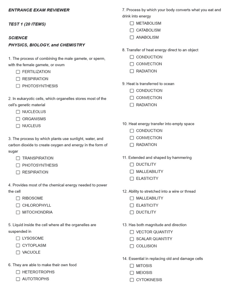 Entrance Exam Reviewer: Science & Math | PDF | Cell (Biology) | Biology