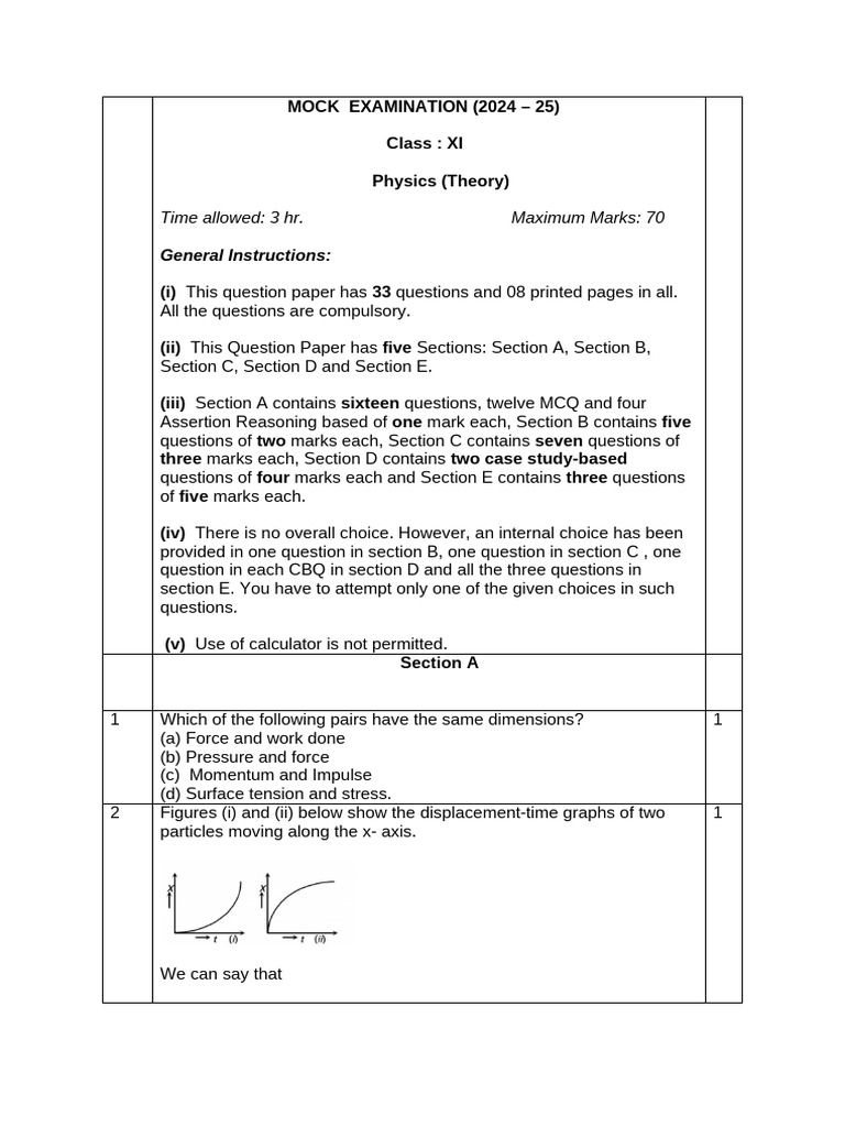 Class XI Physics Mock Exam 2024-25 | PDF | Force | Acceleration