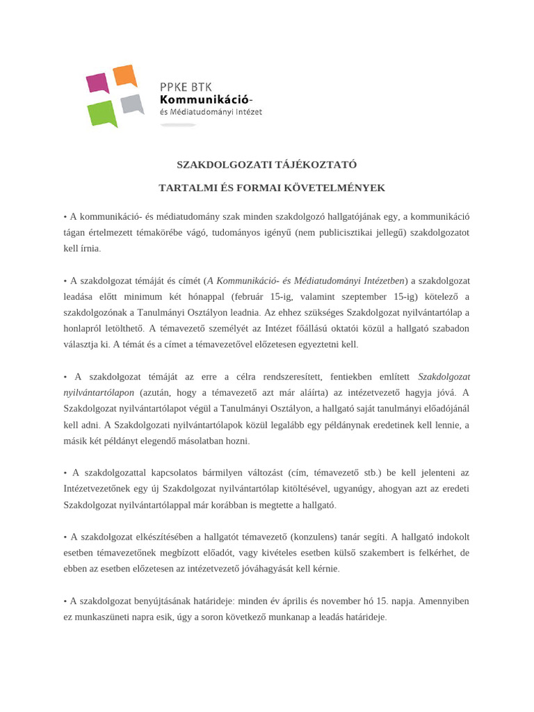 Szakdolgozati Tájékoztató - Tartalmi És Formai Követelmények 2023 | PDF