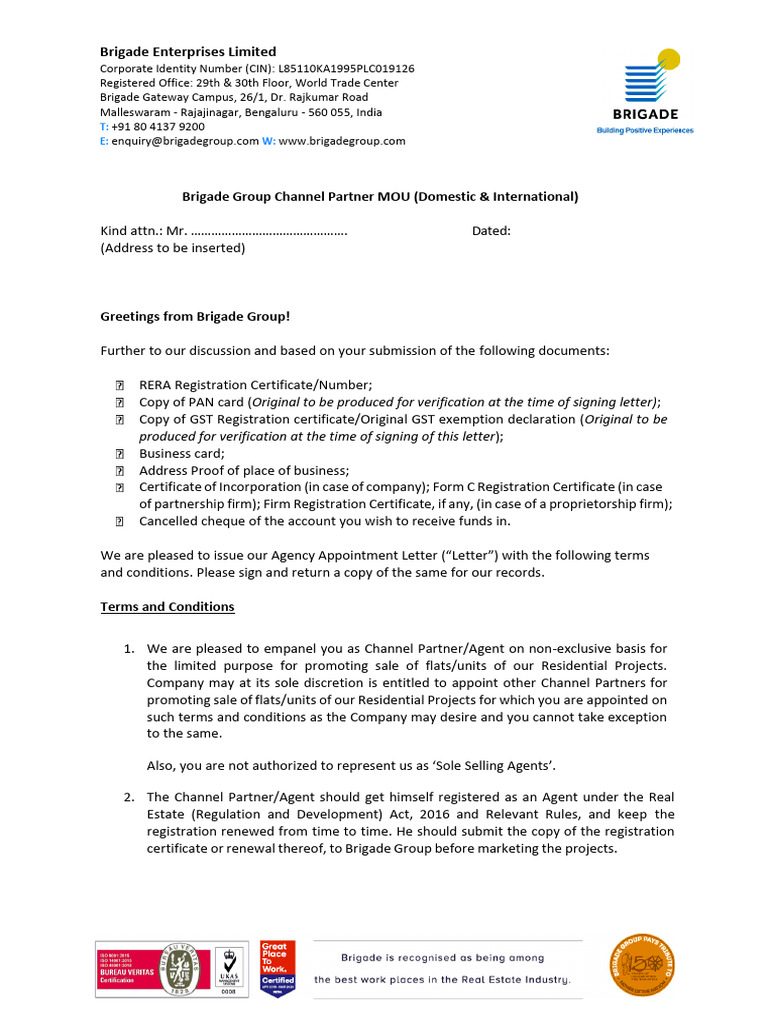 Brigade Group Channel Partner Agreement | PDF | Receipt | Taxes
