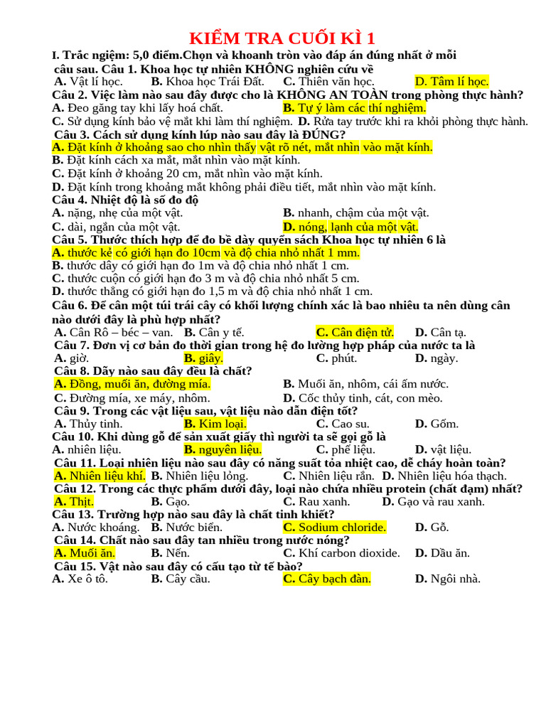 ĐỀ KHTN CUỐI KÌ 1 | PDF