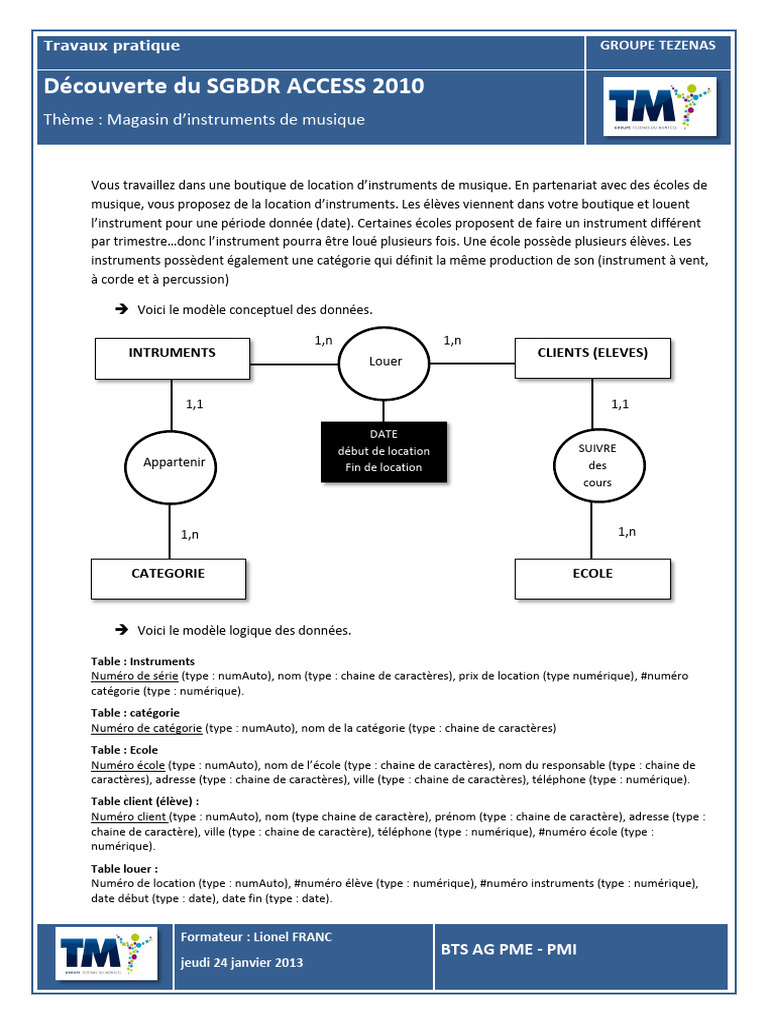 SGBDR Access 2010 : Gestion Instruments Musique | PDF | Microsoft ...
