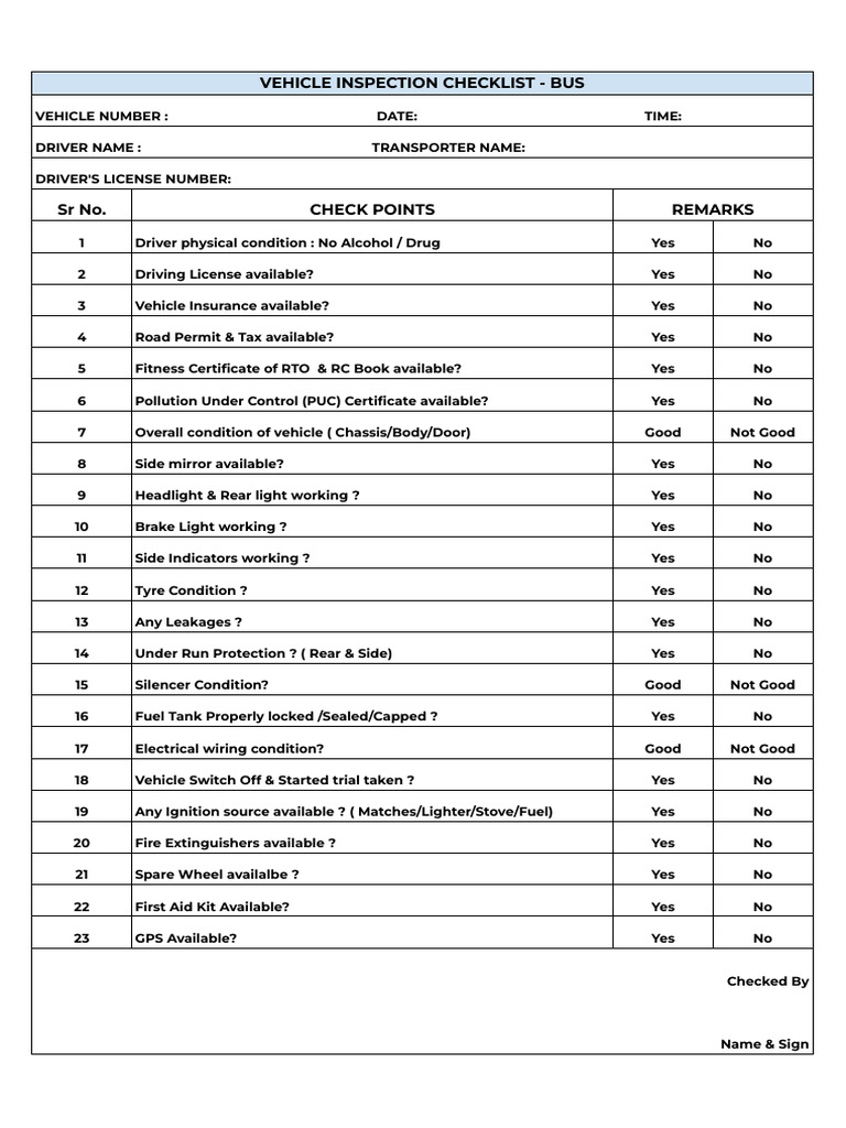 Bus Vehicle Inspection Checklist | PDF | Vehicles | Vehicle Technology
