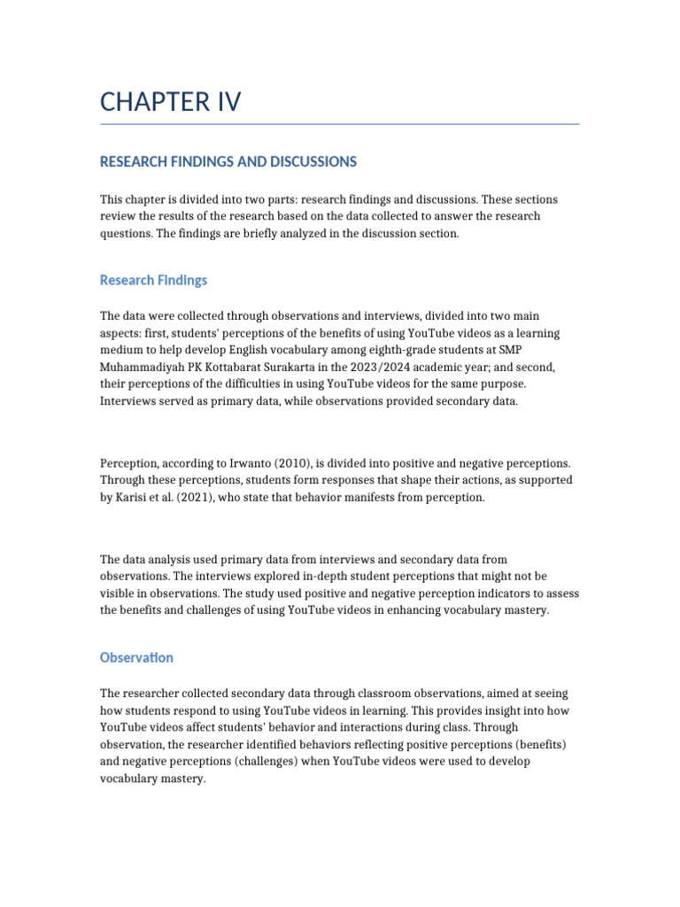 Chapter IV Research Findings and Discussions | PDF | Perception | Teachers