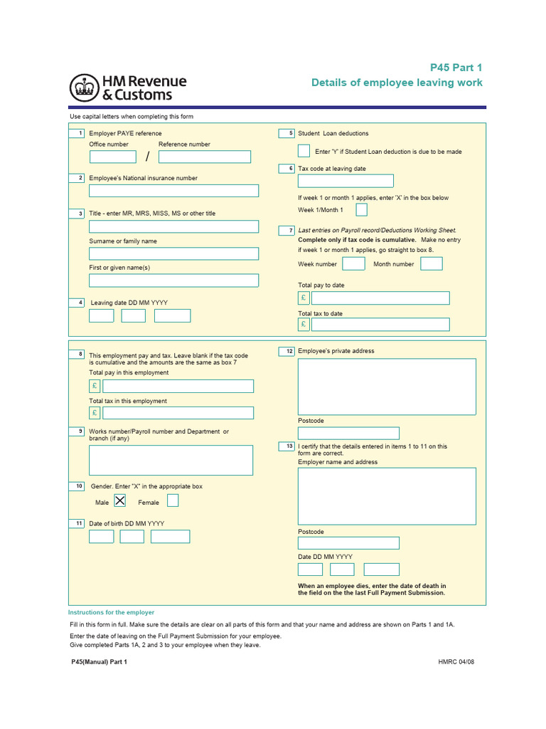 P45 Form Details for Employee Leaving | PDF | Payroll Tax | Payroll