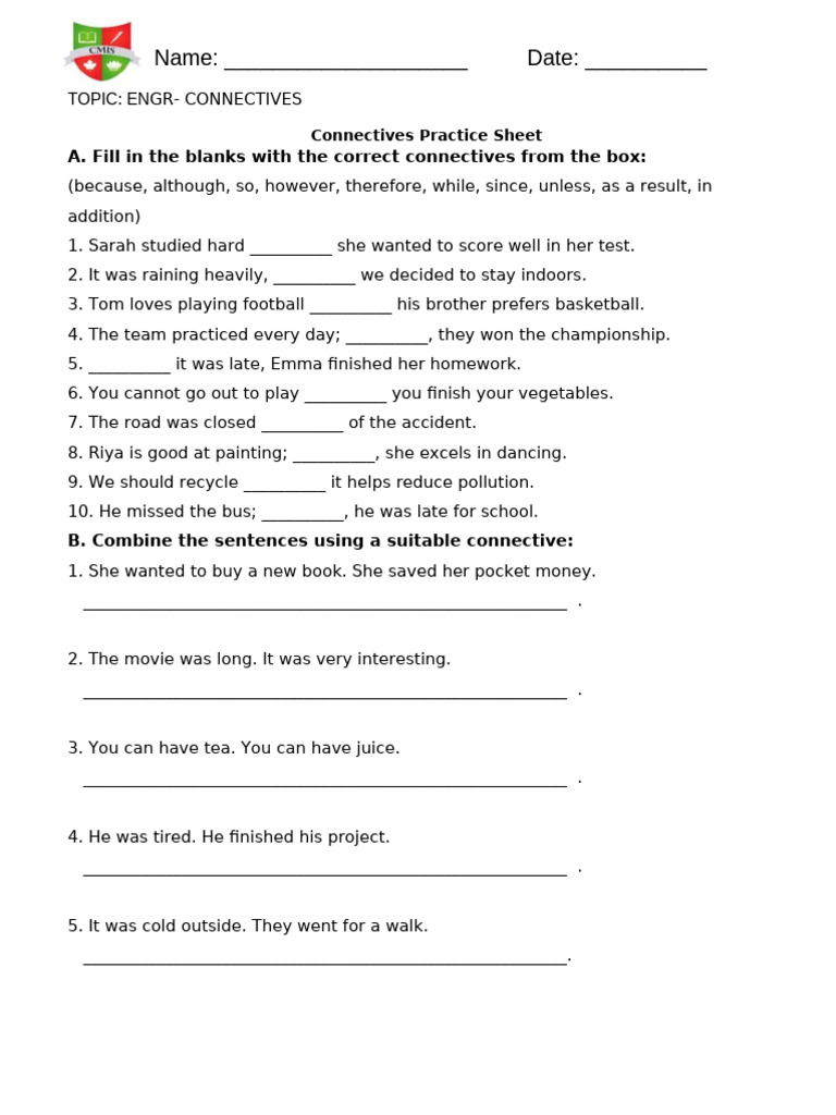 Connectives Practice Worksheet | PDF