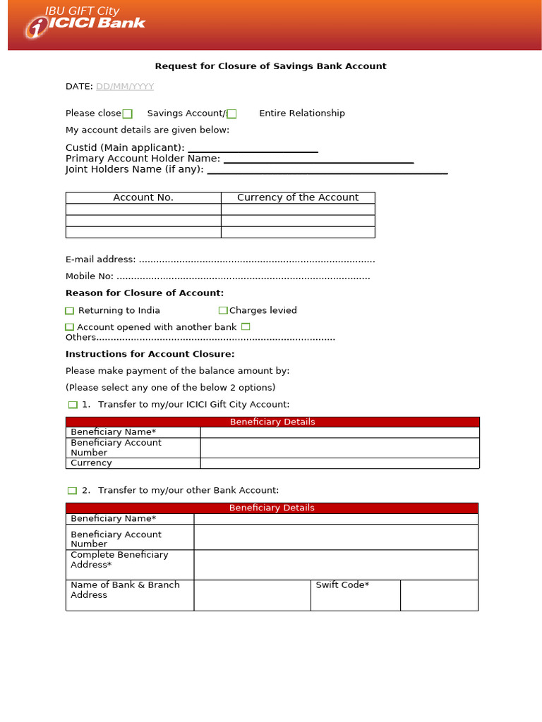 Saving Account Closure Form | PDF | Banks | Debit Card
