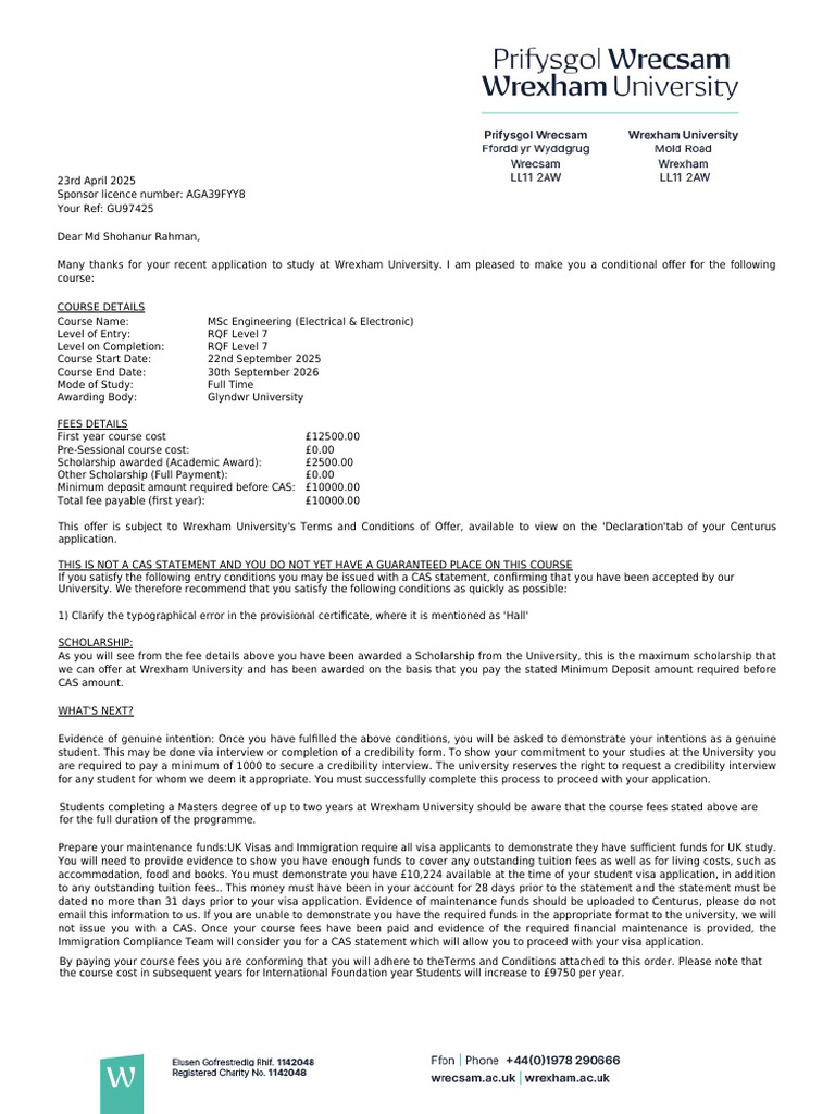 Wrexham University Conditional Offer Letter | PDF | Travel Visa