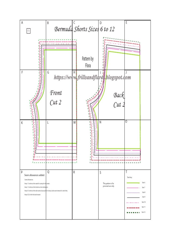 Bermuda Shorts Pattern for Sizes 6-12 | PDF | Seam (Sewing) | Sewing