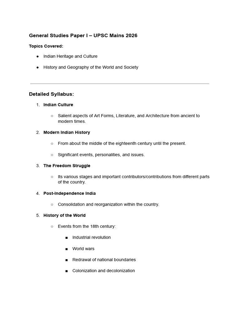 General Studies Paper I - UPSC Mains 2026 Base | PDF