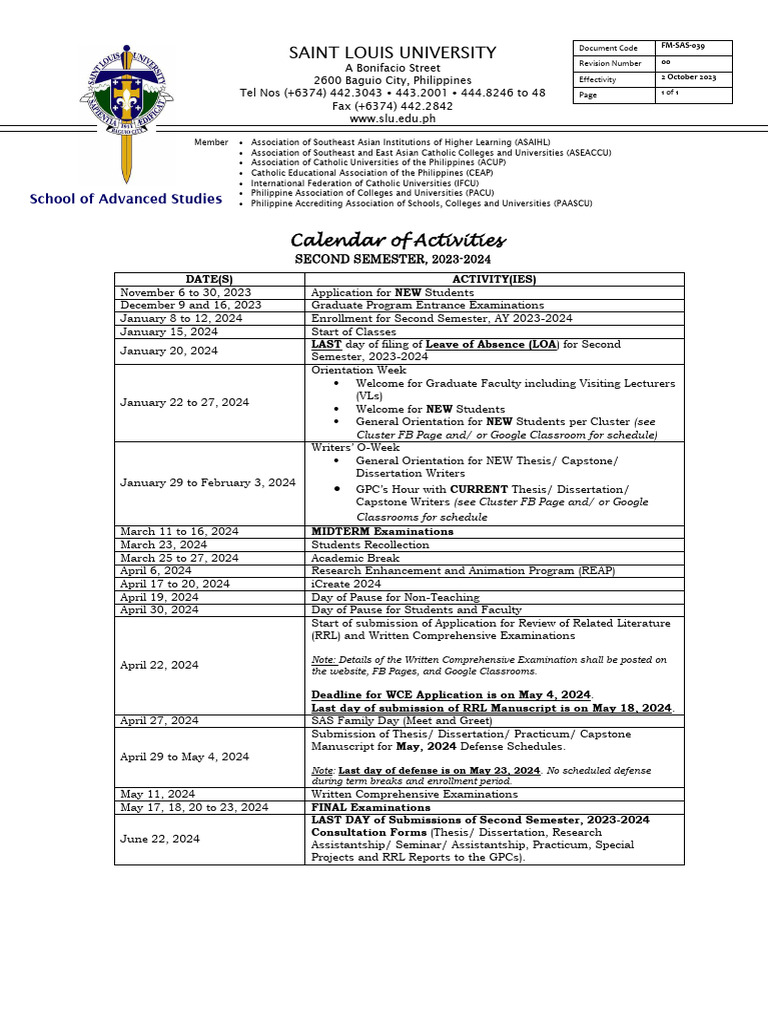 SAS Calendar 2023-2024 Activities | PDF | Thesis | Educational Stages