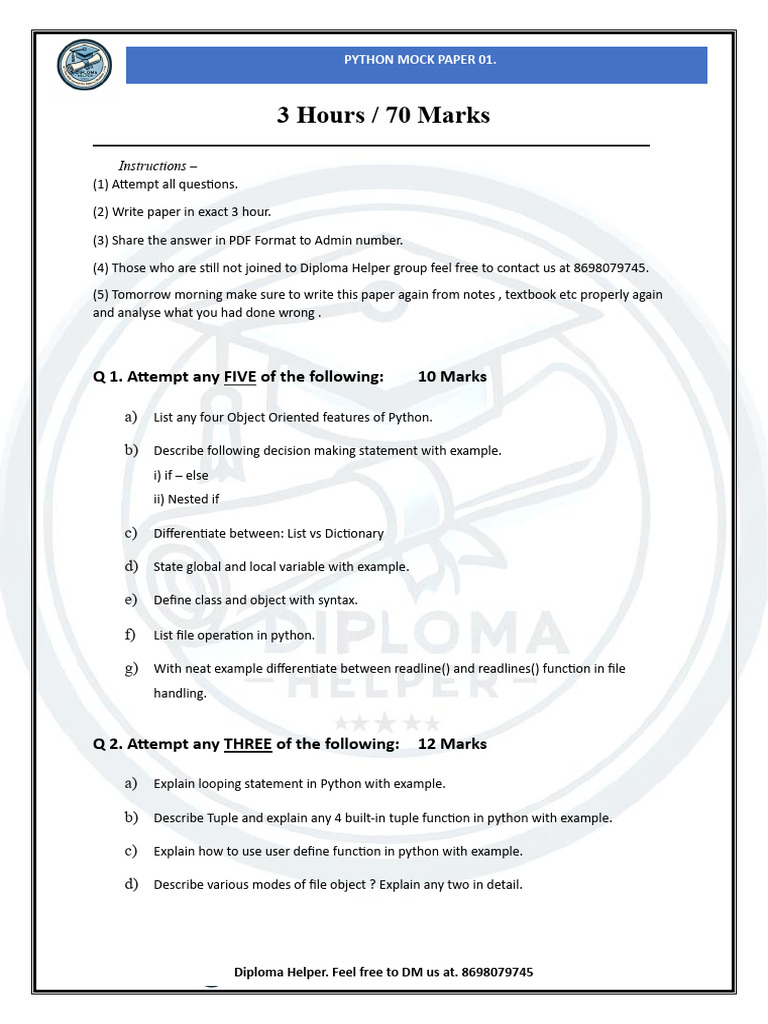 Python Mock 01 by Diploma Helper | PDF | Python (Programming Language ...