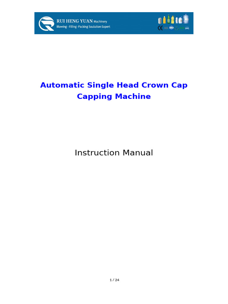 Instruction Manual - Automatic Single Head Crown Cap Capping Machine ...