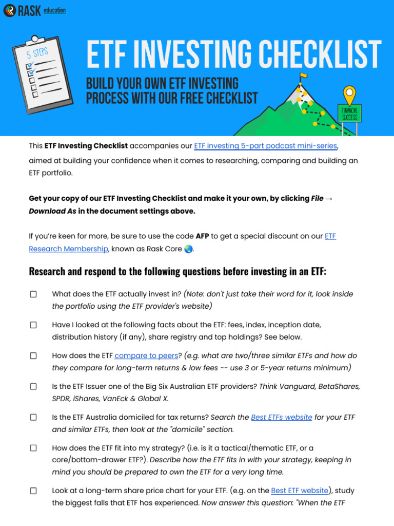 Rask Education ETF Investing Checklist | PDF | Exchange Traded Fund | Asset  Management