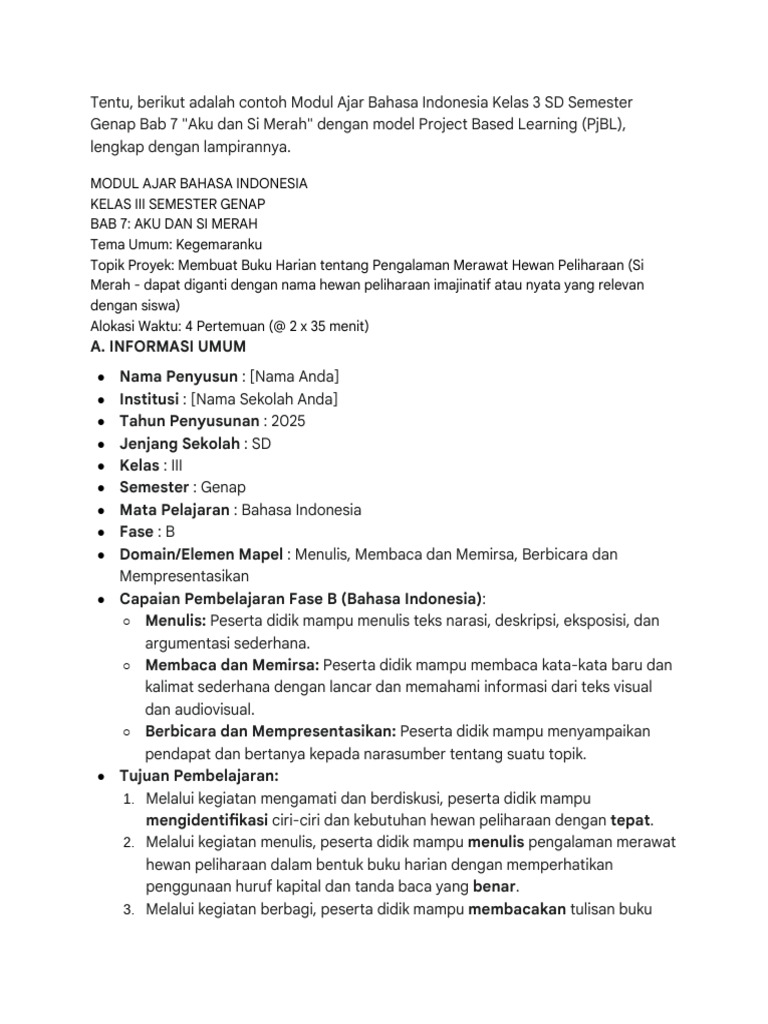 Modul Ajar Bahasa Indonesia Kelas 3 | PDF