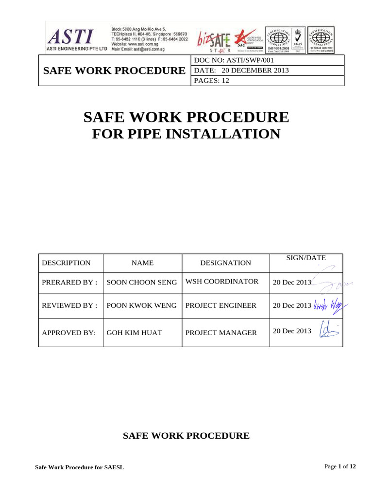Safe Work Procedure for Pipe Installation | PDF | Crane (Machine) | Welding