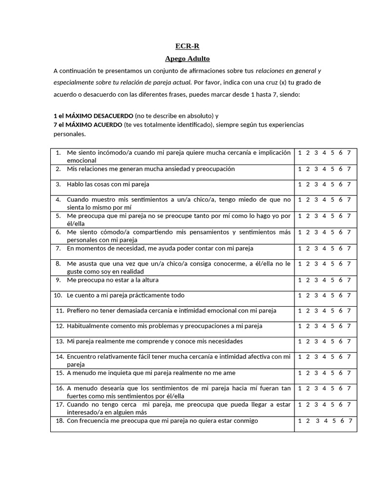 ECR Apego Adulto | PDF | Teoría de apego | Ansiedad