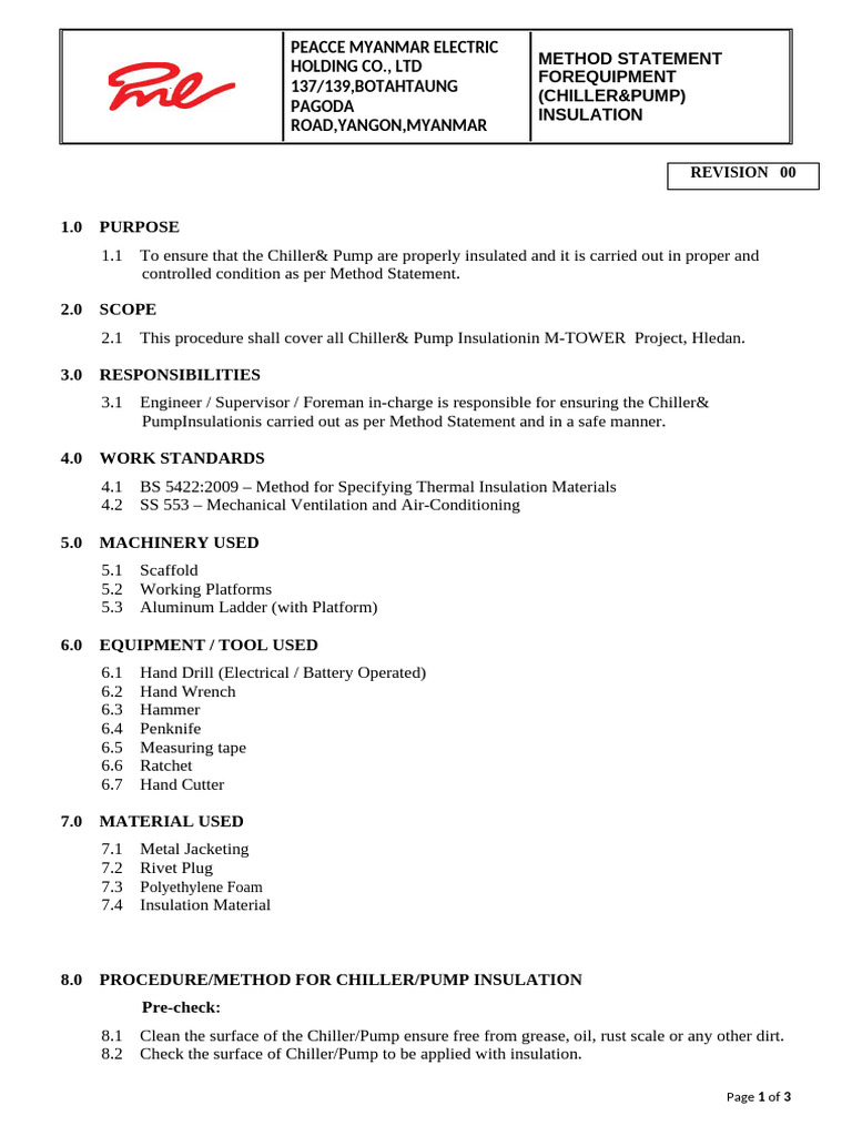 Method Statement Rev.00 - Equipment (Chiller & Pump) Insulation | PDF ...