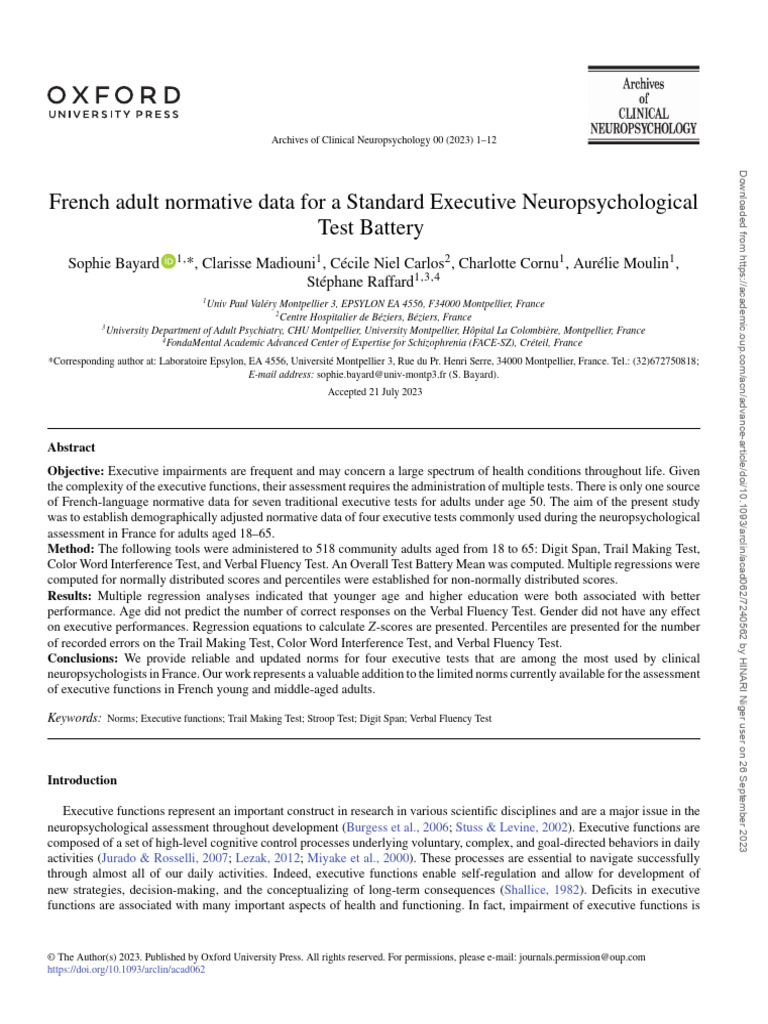 French Norms for Executive Tests in Adults | PDF | Executive Functions ...