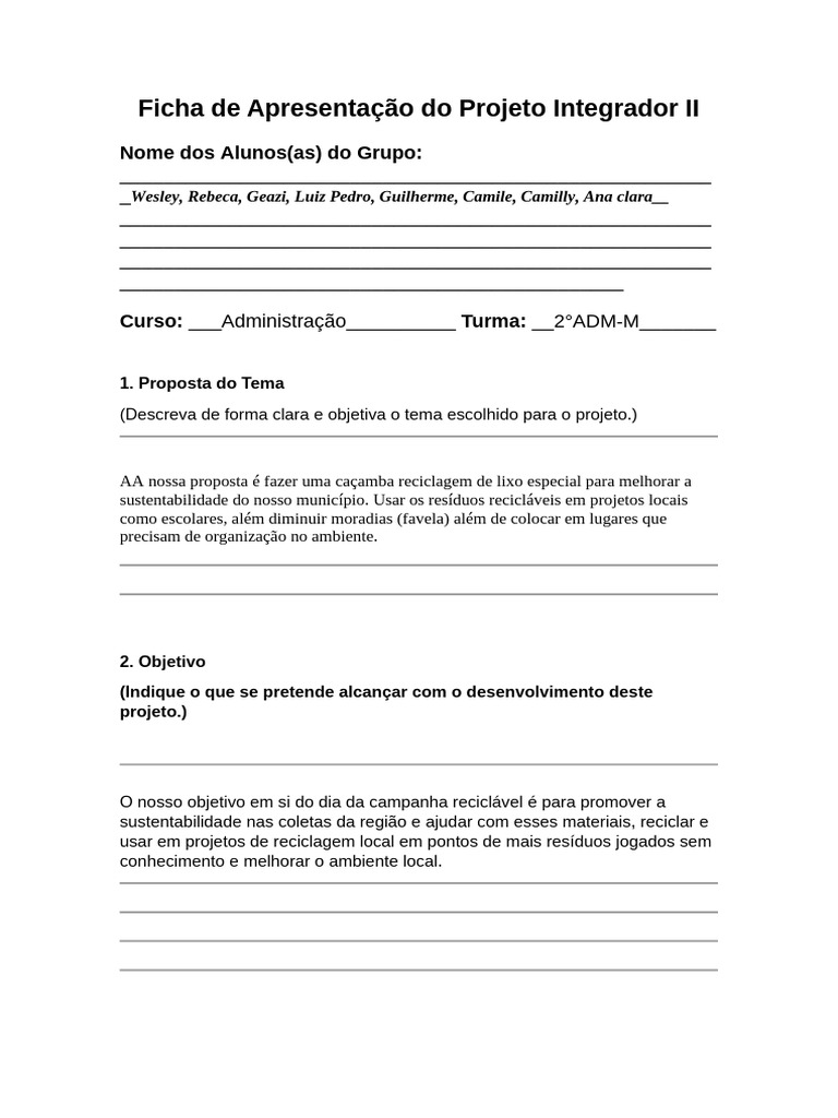 Ficha de Apresentação Do Projeto Integrador II | PDF | Desperdício ...