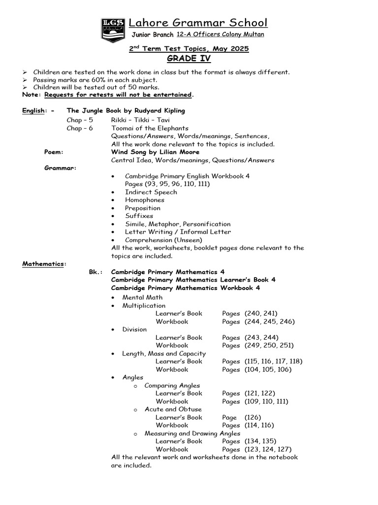 Grade IV 2nd Term Test Topics 2025 | PDF