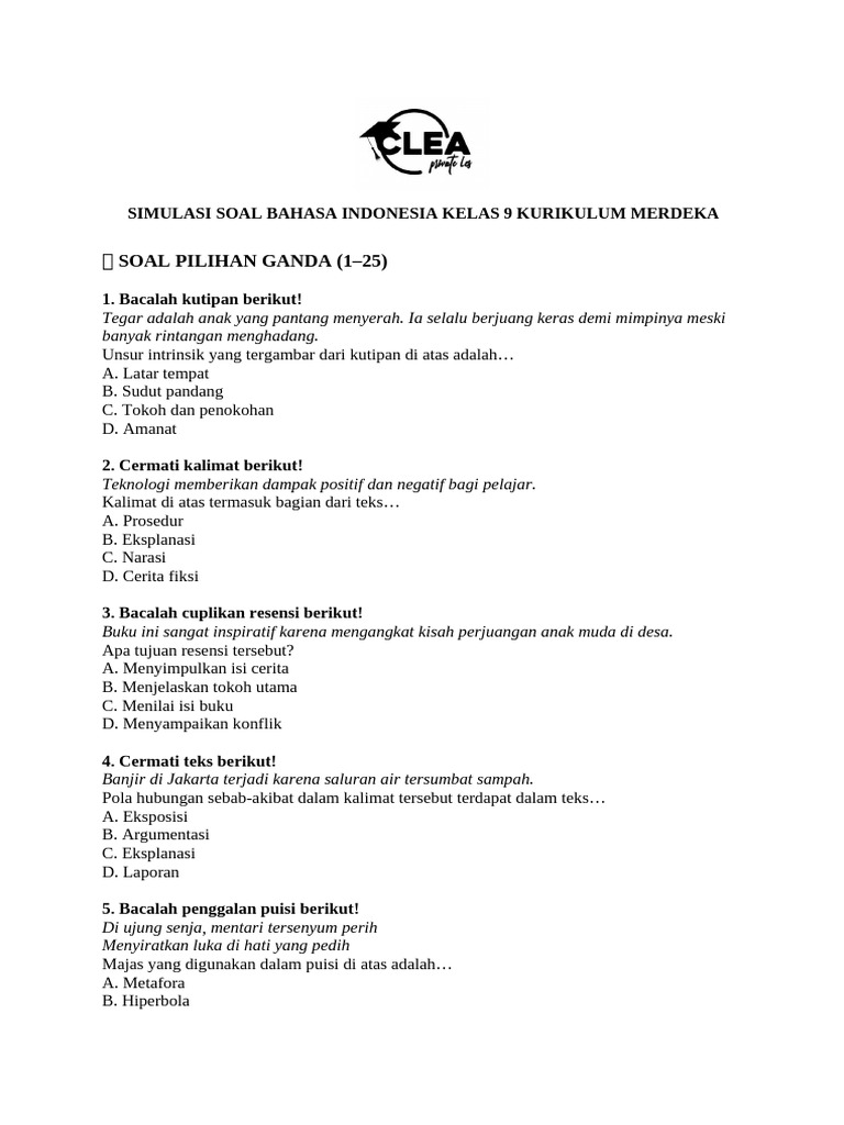 Simulasi Soal Bahasa Indonesia Kelas 9 | PDF