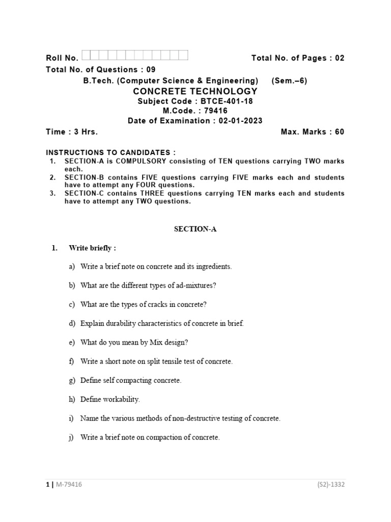 Concrete Technology Exam Paper Guide | PDF | Concrete | Secondary ...