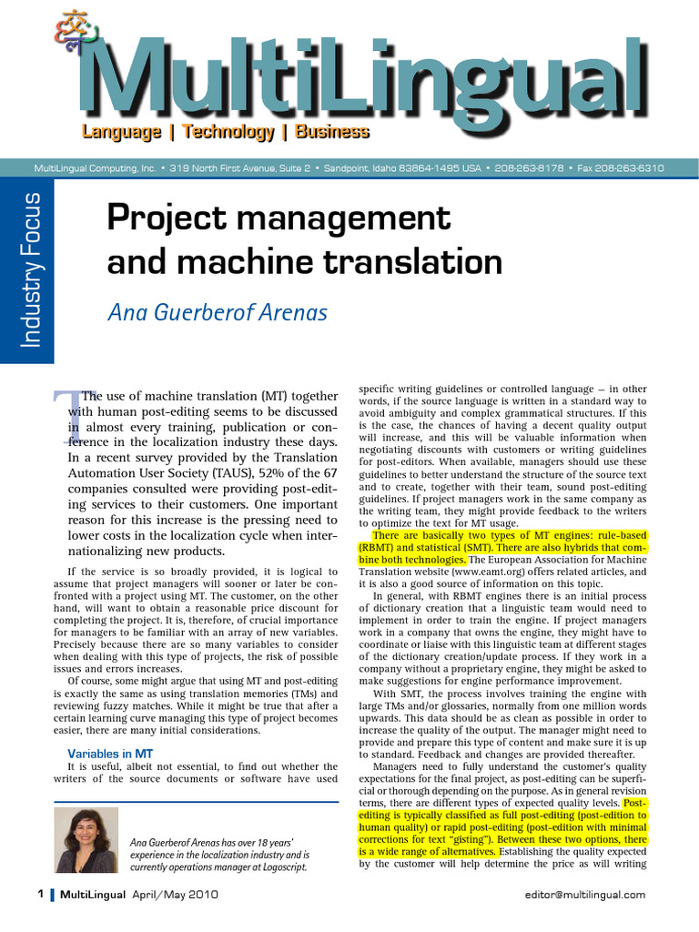 Machine Translation and Post-Editing Guide | PDF | Translations | Human ...