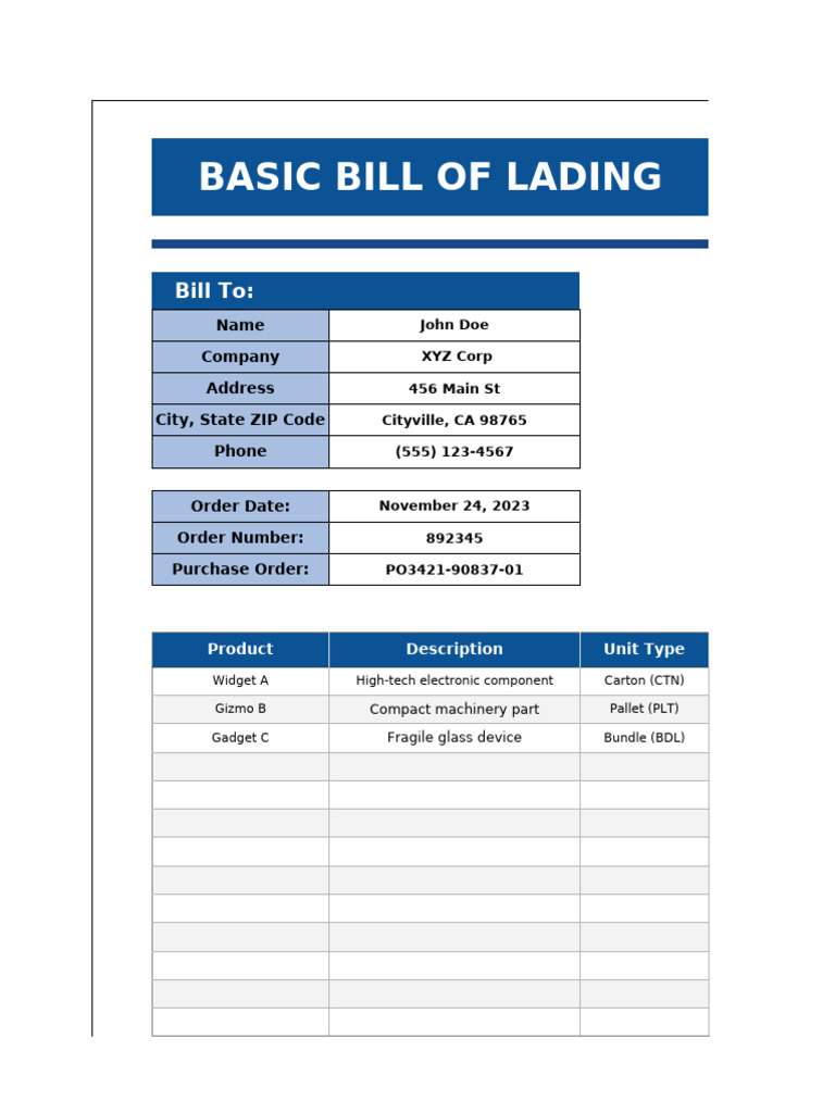 Basic Bill of Lading Template | PDF