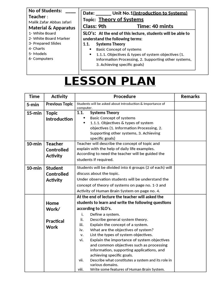 9th Grade Systems Theory Lesson Plan | PDF | System | Computing