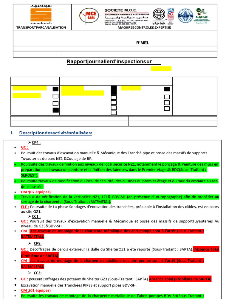 Rapport d'inspection des travaux RTO | PDF