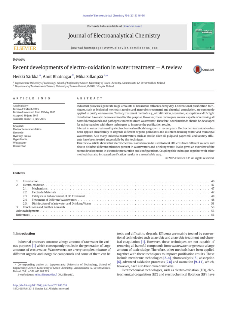 (2015) Recent Developments of Electro-Oxidation in Water Treatment - A ...