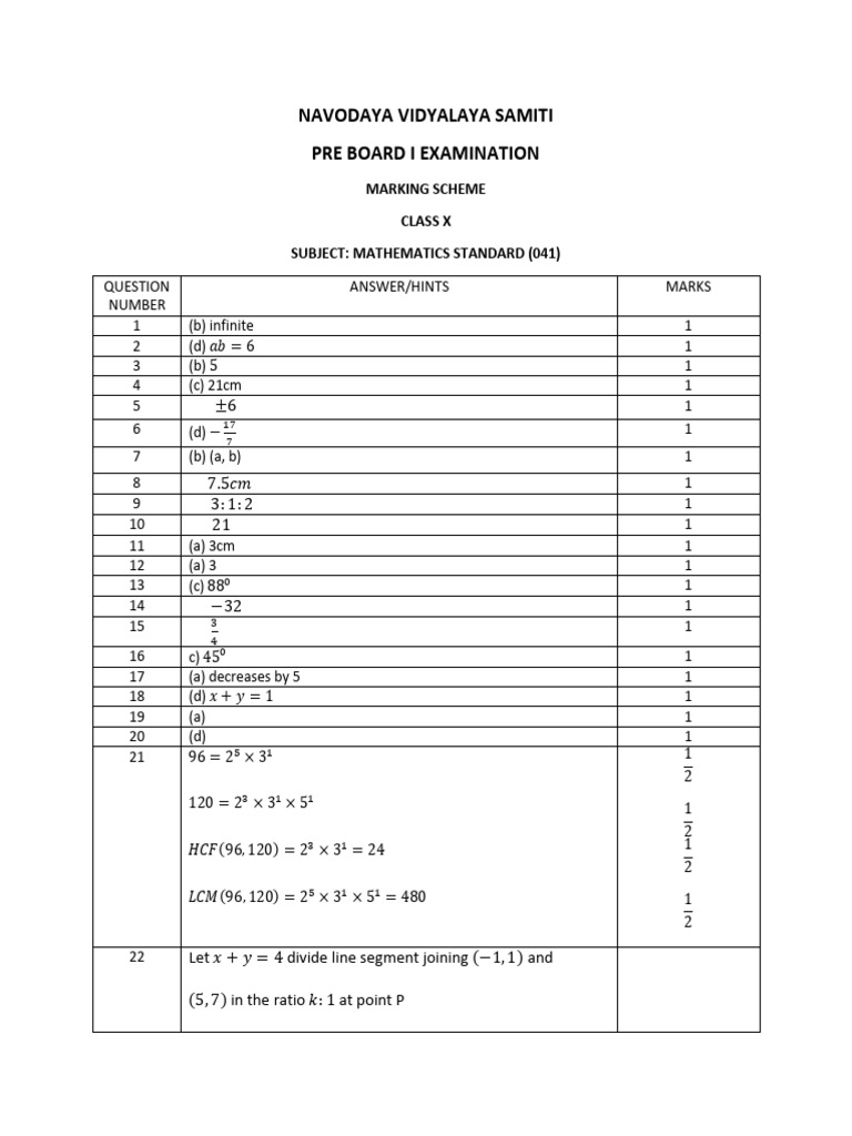 Class X Mathematics Pre-Board Marking Scheme | PDF | Mathematical ...