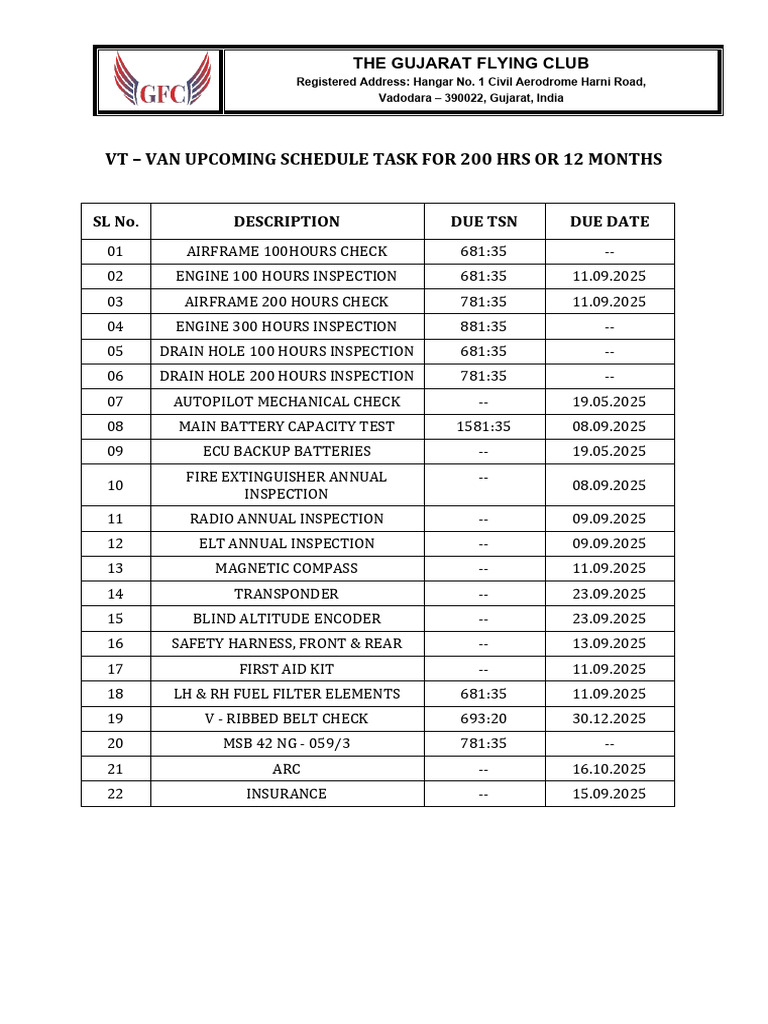 VT-VAN Maintenance Schedule 2025 | PDF