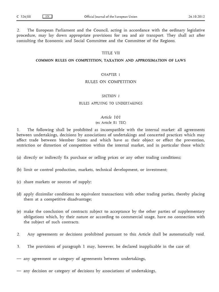 Articles 101 To 109 of The Treaty On The Functioning of The European ...