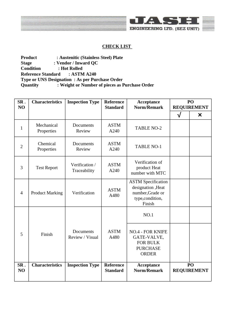 ASTM A240 Compliance Checklist | PDF | Stainless Steel | Industrial ...