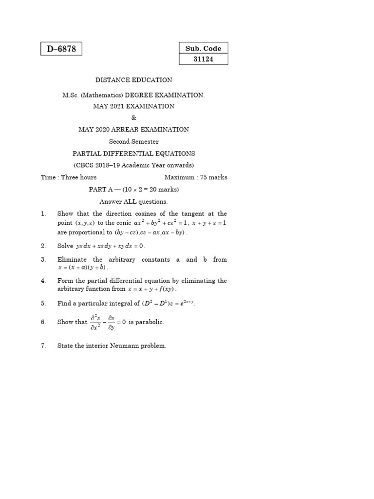 PD Que Paper 2021 May | PDF | Equations | Differential Calculus