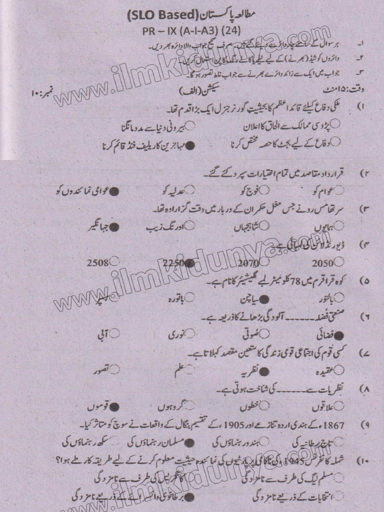 Past-Paper-2024-9th-Class-Peshawar-Board-Pakistan-Studies-Objective-1 | PDF