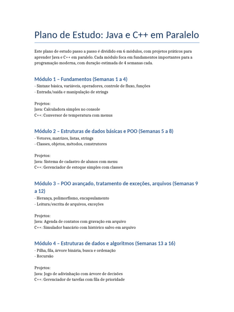 Estudo de Java e C++ em 6 Módulos | PDF